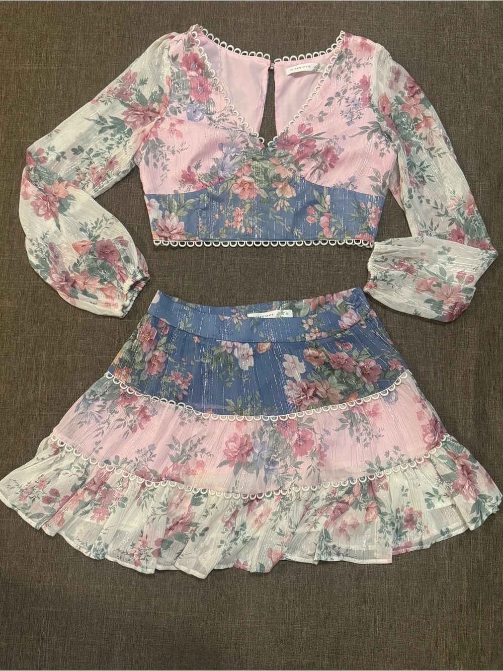 Altar’d State Set Women’s Floral Long Sleeve Crop Top And Skirt Size M